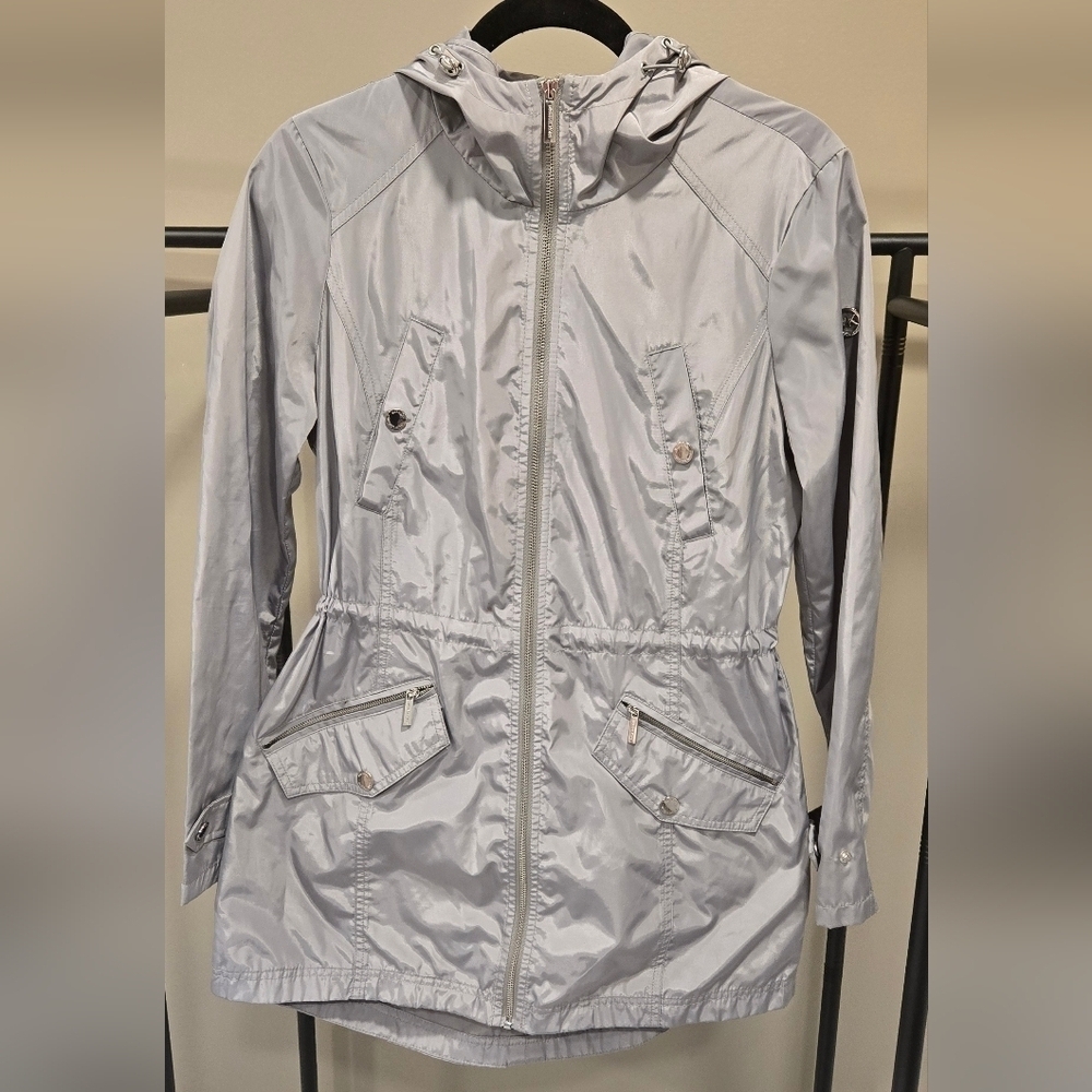 Michael Kors Women's Silver Hooded Windbreaker Jacket - Picture 1 of 11